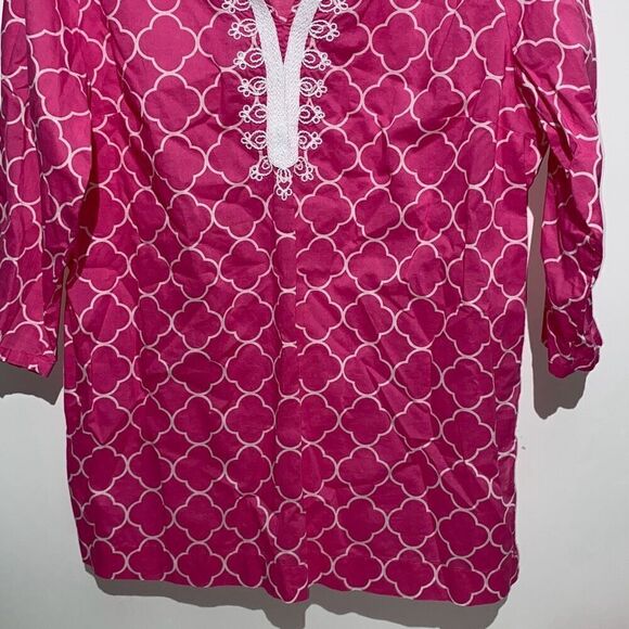 St. John's Bay Women's Quatrefoil Split Neck 3/4 Sleeve Cotton Blouse Large - Picture 2 of 8